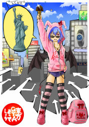 Rule 34 | 1girl, ;d, alternate costume, animal print, arm up, arrow (symbol), backpack, bag, bat print, bat wings, blue hair, bow, chain, character name, collarbone, day, flat chest, food, full body, grand theft auto, grand theft auto iv, hand on own hip, hood, hooded jacket, ice cream, jacket, jewelry, long sleeves, looking at viewer, one eye closed, open mouth, outdoors, parody, pendant, pink footwear, pink jacket, puffy long sleeves, puffy sleeves, ragi (schrdngr), red bow, red eyes, remilia scarlet, rockstar, shoes, short hair, short shorts, shorts, smile, solo, spear the gungnir, spoken object, statue of happiness, statue of liberty, striped clothes, striped thighhighs, sunglasses, thighhighs, touhou, undershirt, wings
