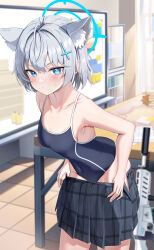 Rule 34 | 1girl, absurdres, animal ear fluff, animal ears, armpits, bare arms, bare shoulders, black skirt, blue archive, blue eyes, blue halo, blue one-piece swimsuit, breasts, bright pupils, bulletin board, clothes pull, collarbone, commentary request, cross, cross hair ornament, extra ears, grey hair, hair ornament, halo, highres, indoors, inverted cross, li se, looking at viewer, medium breasts, mismatched pupils, one-piece swimsuit, pleated skirt, shiroko (blue archive), shiroko (young) (blue archive), short hair, skirt, skirt pull, solo, swimsuit, tile floor, tiles, white pupils, wolf ears, wolf girl