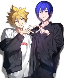 Rule 34 | 2boys, belt, black belt, black jacket, black pants, black shirt, blonde hair, blue eyes, blue hair, blue nails, clenched teeth, earrings, facing viewer, grin, hair between eyes, heart, heart hands, highres, implied yaoi, jacket, jewelry, kagamine len, kaito (vocaloid), looking at viewer, male focus, multiple boys, nail polish, off shoulder, pants, shadow, shirt, short hair, smile, spiked hair, supreme (brand), teeth, tetorutti35, upper body, vocaloid, white background, yellow nails