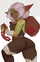 Rule 34 | 1girl, absurdres, ass, bandaged wrist, bandages, bare shoulders, blush, bracelet, breasts, brown pants, brown shirt, colored skin, earrings, female goblin, goblin, green eyes, green skin, highres, holding, holding sack, jewelry, large breasts, looking at viewer, maewix (artist), medium hair, open mouth, original, pants, pointy ears, sack, shirt, shortstack, shoulder tattoo, simple background, sleeveless, sleeveless shirt, smile, solo, tattoo, teeth, thief, white background, white hair