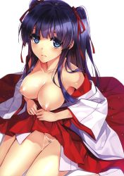 Rule 34 | 1girl, absurdres, bare shoulders, blue eyes, blue hair, breasts, breasts out, clothes lift, collarbone, copyright request, female focus, female pubic hair, hair ribbon, hakama, hakama lift, hakama skirt, highres, japanese clothes, large breasts, long hair, looking at viewer, matching hair/eyes, miko, misaki kurehito, nipples, off shoulder, pubic hair, ribbon, scan, sitting, skirt, solo, tabi, twintails, two side up, wakamezake, wariza