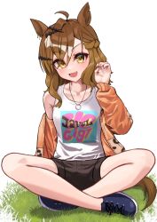 Rule 34 | 1girl, ahoge, animal ears, black footwear, black shorts, blush, braid, brown hair, commentary request, fang, french braid, hair between eyes, hair ornament, highres, horse ears, horse girl, horse tail, indian style, jacket, jacket partially removed, jewelry, jungle pocket (umamusume), kuronosu (yamada1230), long sleeves, looking at viewer, medium hair, necklace, on grass, open mouth, orange jacket, print shirt, ring, ring necklace, shirt, shoes, shorts, simple background, sitting, sleeveless, sleeveless shirt, smile, sneakers, solo, tail, umamusume, white background, white shirt, x hair ornament, yellow eyes