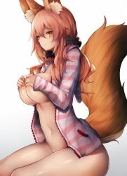 Rule 34 | 10s, 1girl, animal ears, bad id, bad twitter id, breasts, covering nipples, covering privates, fate/extra, fate (series), fox ears, fox tail, hair ornament, hair scrunchie, hood, hoodie, large breasts, long sleeves, naked hoodie, navel, no bra, no panties, official alternate costume, pink hair, scrunchie, shirt, smile, snm (sunimi), solo, striped clothes, striped hoodie, tail, tamamo (fate), tamamo no mae (fate/extra), tamamo no mae (spring casual) (fate), yellow eyes