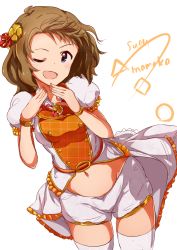 Rule 34 | 1girl, artist request, bad id, bad pixiv id, blue eyes, blush, brown hair, character name, flower, hair flower, hair ornament, idolmaster, idolmaster million live!, looking at viewer, navel, one eye closed, open mouth, short hair, simple background, sketch, smile, solo, suou momoko, white background