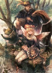 Rule 34 | 1boy, 1girl, blonde hair, braid, brown hair, cape, capri pants, cloak, cross-laced clothes, cross-laced legwear, dress, expressionless, feathered wings, feathers, frog, full body, hat, holding, instrument, long sleeves, looking to the side, mikebosi, nature, original, outdoors, pants, plant, reptile, side braid, sitting, tree, wand, white legwear, wings