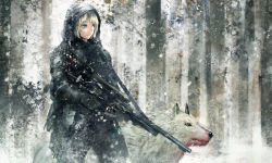 Rule 34 | 1girl, aqua eyes, bad id, bad nicoseiga id, blonde hair, blood, blood on face, blood on mouth, forest, gun, hood, marksman, nature, original, rifle, seafh, sniper, sniper rifle, snow, solo, weapon, wolf