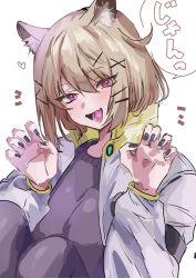 Rule 34 | 1girl, :d, animal ear fluff, animal ears, arknights, black nails, black sweater, black thighhighs, blush, breasts, brown hair, claw pose, fang, hair ornament, hairclip, heart, highres, jacket, knees up, large breasts, long sleeves, looking at viewer, na tarapisu153, nail polish, open clothes, open jacket, open mouth, pink eyes, short hair, simple background, skin fang, smile, solo, speech bubble, sweater, thighhighs, translation request, utage (arknights), white background, white jacket, x hair ornament