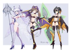 Rule 34 | 3girls, black hair, blonde hair, blue eyes, brown eyes, brown hair, chaya mago, choker, commentary request, cosplay, detached sleeves, duel monster, fuuma shuriken, gloves, gradient hair, green eyes, harpy, high heels, holding, holding polearm, holding shuriken, holding weapon, horns, i:p masquerena, lovely labrynth of the silver castle, monster girl, multicolored hair, multiple girls, one eye closed, pointy ears, polearm, revealing clothes, s-force rappa chiyomaru, shoes, shuriken, sneakers, spear, thighhighs, tongue, tongue out, weapon, white gloves, white hair, winged arms, wings, yu-gi-oh!, yu-gi-oh! duel monsters