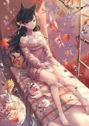 Rule 34 | 1girl, animal ears, atago (azur lane), azur lane, bare legs, bare shoulders, barefoot, black hair, bow, breasts, brown eyes, brown sweater, cake, cake slice, closed mouth, collarbone, commentary, covered collarbone, cup, fish, flower, food, fork, goldfish, hair between eyes, hair bow, highres, holding, holding cup, holding saucer, large breasts, long hair, long sleeves, looking at viewer, off-shoulder sweater, off shoulder, open window, ozzingo, pillow, saucer, sitting, smile, solo, sweater, symbol-only commentary, teapot, vase, very long hair, water drop, white bow, window, yellow flower