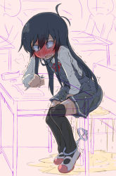 Rule 34 | 1girl, @ @, antenna hair, asashio (kancolle), bdsm, between legs, black hair, black thighhighs, blue eyes, blush, bondage, book, bound, breath, chair, classroom, clenched hand, constricted pupils, crying, cuffs, desk, dress, embarrassed, eraser, flat chest, full-face blush, full body, grey dress, hand between legs, hand up, handcuffs, have to pee, highres, holding, indoors, kantai collection, leaning forward, legs together, long hair, long sleeves, narumiya (narumiya), open book, open mouth, peeing, peeing self, pencil, pinafore dress, puddle, red footwear, school desk, shirt, shoes, sitting, sleeveless, sleeveless dress, solo focus, tears, textless version, thighhighs, trembling, wet, wet clothes, white shirt, x-ray