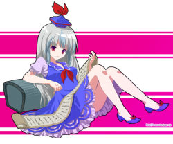 Rule 34 | 1girl, arm support, bare legs, dress, female focus, hat, kamishirasawa keine, long hair, omuni, reading, red eyes, scroll, silver hair, sitting, solo, touhou