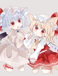Rule 34 | 2girls, animal ears, ascot, bat wings, blonde hair, blue hair, brooch, cat ears, cat girl, crystal, flandre scarlet, hat, hat ribbon, highres, jewelry, mob cap, multicolored wings, multiple girls, one side up, puffy short sleeves, puffy sleeves, ramochi, red ascot, red eyes, red skirt, red vest, remilia scarlet, ribbon, short hair, short sleeves, siblings, side ponytail, sisters, skirt, skirt set, touhou, upper body, vest, white hat, wings, yellow ascot