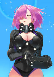 Rule 34 | 1girl, ^ ^, ahoge, armored leotard, black gloves, black leotard, blue sky, blush, breasts, cleavage, cleavage cutout, closed eyes, clothing cutout, collar, cowboy shot, day, elbow gloves, closed eyes, facing viewer, fate/grand order, fate (series), gloves, head-mounted display, highres, holding, large breasts, lens flare, leotard, mash kyrielight, ohland, mash kyrielight (ortenaus), outdoors, parted lips, pink hair, short hair, shoulder pads, sky, smile, solo, sparkle, standing, two-handed