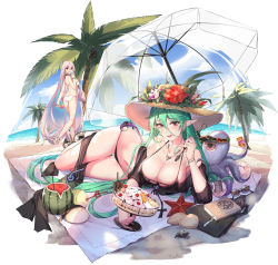 Rule 34 | 2girls, ark order, ass, bare legs, bikini, black bikini, blush, bracer, breasts, cleavage, collarbone, earrings, flower hat, food, green hair, hat, highres, ice cream, jewelry, large breasts, legs, long hair, looking at viewer, lying, mole, mole on breast, mole on thigh, multiple girls, necklace, official art, on side, open mouth, pink eyes, pink hair, pointy ears, red eyes, sandals, simple background, standing, star (symbol), star earrings, sun hat, swimsuit, thighs, tongue, tongue out, white bikini, you ni ge shaobing
