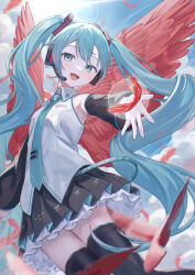 Rule 34 | 1girl, aqua eyes, aqua hair, detached sleeves, hatsune miku, looking at viewer, necktie, open mouth, smile, solo, twintails, vocaloid, vs0mr, wings