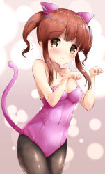 Rule 34 | 1girl, animal ear fluff, animal ears, bare arms, bare shoulders, blush, breasts, brown eyes, brown hair, brown pantyhose, cat ears, cat girl, cat tail, closed mouth, collarbone, commentary request, covered navel, fake animal ears, fingernails, hairband, head tilt, highres, idolmaster, idolmaster cinderella girls, kittysuit, kuroba aki, leotard, long hair, nontraditional playboy bunny, ogata chieri, pantyhose, paw pose, pink hairband, pink leotard, sidelocks, small breasts, smile, solo, strapless, strapless leotard, tail, tail raised, twintails