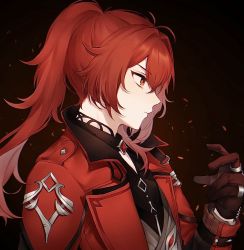 Rule 34 | 1boy, black gloves, chain, closed mouth, coat, diluc (genshin impact), diluc (red dead of night) (genshin impact), from side, genshin impact, gloves, hair between eyes, highres, long hair, long sleeves, male focus, ponytail, profile, red coat, red eyes, red hair, shin (mac no), simple background, solo, upper body