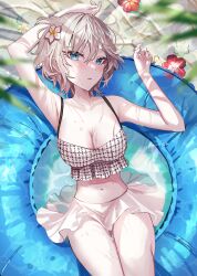 Rule 34 | 1girl, absurdres, anastasia (idolmaster), armpits, bare shoulders, bikini, blue eyes, blush, breasts, checkered bikini, checkered clothes, cleavage, collarbone, curled fingers, expressionless, floating, floating object, flower, frilled bikini, frilled tankini, frills, hair between eyes, hair flower, hair ornament, highres, idolmaster, idolmaster cinderella girls, light blush, light reflection (water), long bangs, looking at viewer, lying, medium breasts, navel, on back, open mouth, rum raisin (chihiromakita19), shirt, short hair, skirt, solo, swimsuit, tankini, thick eyelashes, water, water drop, white hair, white shirt