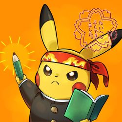 Rule 34 | :&lt;, black jacket, book, brown eyes, closed mouth, clothed pokemon, commentary request, creatures (company), flame print, frown, game freak, gen 1 pokemon, headband, highres, holding, holding book, holding pencil, jacket, long sleeves, looking up, nintendo, orange background, pencil, pikachu, pkpokopoko3, pokemon, pokemon (creature), red headband, shirt, solo, translation request, upper body, white shirt