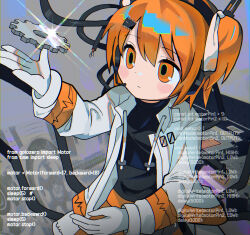 Rule 34 | 1girl, a.i. voice, absurdres, adachi rei, arduino, belt, black shirt, blush, broken wires, brown skirt, c++ (programming language), cable, closed mouth, code, cowboy shot, english text, expressionless, gears, glint, gloves, gpio zero, grey background, hair ornament, hair ribbon, hairclip, halftone, hand up, headlamp, headset, highres, jacket, long sleeves, looking at object, morizo (morizoshop), object floating above hand, one side up, open clothes, open jacket, orange belt, orange eyes, orange hair, python (programming language), radio antenna, ribbon, shirt, shirt tucked in, short hair, skirt, solo, utau, white gloves, white jacket, white ribbon, wire