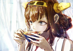 Rule 34 | 10s, 1girl, bad id, bad pixiv id, brown hair, cup, hair ornament, kantai collection, kongou (kancolle), personification, portrait, solo, tea, teacup, total
