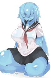 Rule 34 | 1girl, bad id, bad pixiv id, blue hair, blue skin, breasts, colored skin, kamaboko (ossann0125), large breasts, looking at viewer, monster girl, school uniform, skirt, slime girl, smile, solo, wet, wet clothes
