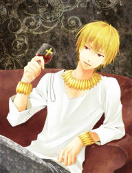 Rule 34 | 1boy, alcohol, bad id, bad pixiv id, blonde hair, bracelet, casual, couch, cross, fate/stay night, fate/zero, fate (series), gilgamesh (fate), highres, jewelry, kanade (reveryearth), crossed legs, male focus, necklace, official alternate costume, red eyes, short hair, sitting, solo, wine