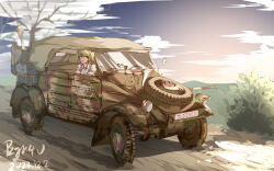 Rule 34 | 1girl, absurdres, bare tree, blurry, blurry background, bush, car, chinese commentary, cloud, commentary request, dated, full body, green hair, highres, kisume, military vehicle, motor vehicle, outdoors, pzgr.40, short hair, signature, solo, touhou, tree, vehicle request, wide shot