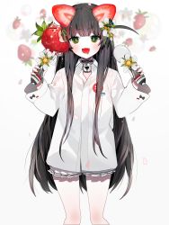 Rule 34 | 1girl, absurdres, bell, black choker, black hair, choker, collared shirt, commentary, drooling, english commentary, fang, flower, food, fork, fruit, green eyes, hair ornament, highres, holding, holding fork, holding spoon, long hair, muaooooo, neck bell, open mouth, original, petals, saliva, shirt, solo, spoon, standing, strawberry, very long hair, water drop, white background, white flower, white shirt