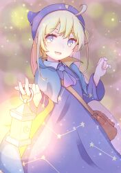 Rule 34 | 1girl, ahoge, ascot, bag, blonde hair, blue ascot, blue capelet, blue eyes, blue headwear, blue robe, brown bag, capelet, eyelashes, highres, jazz grace, lantern, long hair, looking at viewer, open mouth, puyopuyo, robe, shoulder bag, solo, witch (puyopuyo)