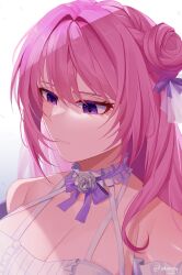 Rule 34 | 1girl, absurdres, breasts, cleavage, closed mouth, dorothy (nikke), dress, frown, goddess of victory: nikke, hair between eyes, hair bun, half-closed eyes, highres, large breasts, long hair, pink hair, purple eyes, purple ribbon, ribbon, shaivify, simple background, single hair bun, solo, upper body, white background, white dress