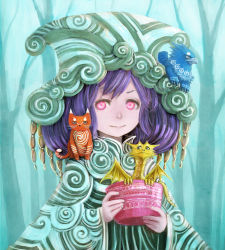 Rule 34 | 1girl, animal, animal on head, animal on shoulder, bird, bird on head, bowl, cat, claws, cloak, cup, dragon, fantasy, headwear request, highres, holding, holding cup, in container, in cup, long sleeves, looking at viewer, matajirou (matagiro), mole, mole under eye, monster, on shoulder, original, pink eyes, purple hair, robe, smile, solo, tassel, upper body