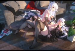 Rule 34 | 2girls, bare shoulders, bikini, black bikini, black panties, black thighhighs, breasts, brown thighhighs, closers, computer, couch, detached sleeves, fishnet thighhighs, fishnets, highres, indoors, laptop, large breasts, levia (closers), long hair, long sleeves, lying, mirae (closers), multiple girls, on back, open mouth, original, panties, plant, pointy ears, purple eyes, swd3e2, swimsuit, thighhighs, thighs, underwear, white hair, wooden floor