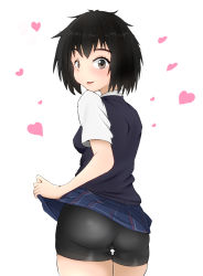 Rule 34 | 1girl, artist request, ass, bike shorts, black hair, blush, breasts, brown eyes, clothes lift, come hither, from behind, heart, highres, looking at viewer, looking back, marvel, medium breasts, peni parker, school uniform, short hair, sideboob, skirt, skirt hold, skirt lift, smile, solo, spider-man: into the spider-verse, spider-man (series), spider-verse, tongue, tongue out