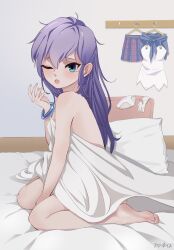 Rule 34 | 1girl, absurdres, alternate hairstyle, artist name, azur lane, bare legs, barefoot, blue eyes, bracelet, breasts, chaye mo, chinese commentary, commentary request, dress, feet, from side, highres, javelin (azur lane), jewelry, long hair, nude, on bed, one eye closed, panties, pillow, purple hair, signature, sitting, skirt, small breasts, soles, solo, toes, underwear, unworn dress, unworn panties, unworn skirt, waking up, wariza, yawning