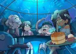 Rule 34 | + +, 5girls, :t, aquarium, berry, black hair, black shirt, black skirt, blunt bangs, bob cut, booth seating, brown eyes, callie (splatoon), casual, cephalopod eyes, closed mouth, commentary, cousins, cup, dark-skinned female, dark skin, drinking glass, earrings, eating, english commentary, eyewear on head, fangs, folded ponytail, food, food art, glasses, gomipomi, green eyes, grey hair, grey headband, grey shirt, hair ornament, hairclip, headband, headgear, holding, holding cup, indoors, inkling, jellyfish (splatoon), jewelry, long sleeves, looking at another, marie (splatoon), marina (splatoon), medium skirt, mole, mole under eye, mole under mouth, multiple girls, necklace, nintendo, octoling, off-shoulder shirt, off shoulder, open mouth, pancake, pasta, pearl (splatoon), pink hair, pink pupils, pointy ears, shirt, shoes, sideways hat, sitting, skirt, smile, splatoon (series), splatoon 1, squidbeak splatoon, suction cups, swept bangs, table, tako-san wiener, tentacle hair