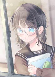 Rule 34 | 1girl, absurdres, black hair, black sailor collar, blue eyes, book, hugging book, braid, brown cardigan, cardigan, commentary request, glasses, highres, holding, holding book, kmr 7m, long sleeves, looking to the side, medium hair, hugging object, original, parted lips, pencil case, sailor collar, school uniform, serafuku, solo, twin braids, upper body, window