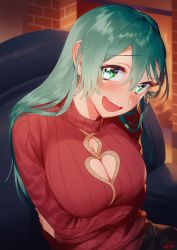 Rule 34 | 1girl, blew andwhite, blush, breasts, breasts day, cleavage cutout, clothing cutout, green eyes, green hair, hair between eyes, hair ornament, hairclip, highres, kantai collection, large breasts, long hair, long sleeves, open mouth, red sweater, ribbed sweater, signature, solo, suzuya (kancolle), sweater