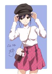 Rule 34 | 1girl, adjusting clothes, adjusting headwear, artist name, bag, blue background, blue hair, cabbie hat, carrying, closed mouth, commentary request, cowboy shot, dated, handbag, hat, high-waist skirt, highres, long sleeves, looking at viewer, miniskirt, nii manabu, original, outside border, pink skirt, plaid, plaid skirt, shirt, short sleeves, signature, skirt, smile, solo, standing, turtleneck, white shirt, yellow eyes