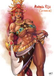 Rule 34 | 1girl, abs, absurdres, aged up, breasts, earrings, eyeshadow, female focus, gerudo, green eyes, highres, huge breasts, jewelry, kongman99, lipstick, long hair, looking at viewer, makeup, muscular, muscular female, nail polish, nintendo, pointy ears, red hair, revealing clothes, riju, solo, steam, sweat, sword, the legend of zelda, the legend of zelda: tears of the kingdom, thick thighs, thighs, underboob, very long hair, weapon