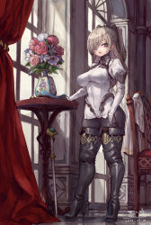 Rule 34 | 1girl, black footwear, black gloves, black thighhighs, blue eyes, blush, boots, breasts, bridal gauntlets, brown hair, dated, dress, earrings, eyes visible through hair, fang, flower, gloves, hair over one eye, high heel boots, high heels, highres, indoors, jewelry, juliet sleeves, long hair, long sleeves, looking at viewer, medium breasts, original, parted lips, puffy sleeves, red flower, red rose, rose, signature, solo, standing, stud earrings, suzuno (bookshelf), thick eyebrows, thigh boots, thighhighs, vase, white dress, white flower, window