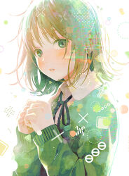 Rule 34 | 1girl, black ribbon, circle, collared shirt, glitch, green eyes, green hair, green shirt, green theme, hands up, highres, light blush, light particles, long sleeves, looking at viewer, nakamura hinata, neck ribbon, original, own hands together, parted lips, ribbon, shirt, solo, teeth, upper body, white background, x