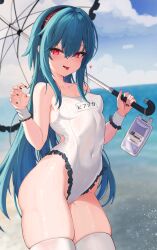 Rule 34 | 1girl, absurdres, bare shoulders, bianca (black survival), black nails, black survival, blue hair, breasts, claw pose, cloud, covered erect nipples, covered navel, dasi (kwts3227), day, eternal return: black survival, frilled one-piece swimsuit, frilled umbrella, frills, hair between eyes, hairband, highres, holding, holding umbrella, horizon, long hair, looking at viewer, name tag, ocean, one-piece swimsuit, outdoors, red eyes, sidelocks, small breasts, solo, swimsuit, thighhighs, tongue, tongue out, umbrella, white one-piece swimsuit, white thighhighs