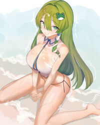 Rule 34 | 1girl, :3, @ @, \||/, absurdres, amano hagoromo, bare legs, bare shoulders, barefoot, blush, breasts, button gap, closed mouth, commentary request, from above, green eyes, green hair, hair intakes, highres, huge breasts, kochiya sanae, long hair, no pants, shirt, sitting, solo, sweat, touhou, v arms, very long hair, wariza, wavy mouth, white shirt, wing collar