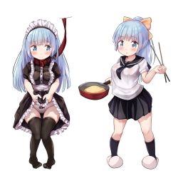 Rule 34 | 1girl, :o, alternate costume, black dress, black neckerchief, black sailor collar, black skirt, black socks, blue eyes, blue hair, blush, bow, bow panties, breasts, chopsticks, closed mouth, clothes lift, collar, commentary request, dress, dress lift, enmaided, food, frying pan, hair bow, highres, holding, holding chopsticks, kneehighs, leash, lifted by self, long hair, looking at viewer, maid, medium breasts, mochiyuki, multiple views, neckerchief, no shoes, original, panties, parted lips, pleated skirt, ponytail, puffy short sleeves, puffy sleeves, red collar, sailor collar, school uniform, serafuku, shirt, short sleeves, simple background, sitting, skirt, slippers, socks, standing, thighhighs, underwear, very long hair, white background, white footwear, white panties, white shirt, yellow bow