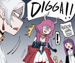 Rule 34 | !, 3girls, ^^^, aura (sousou no frieren), aura bullying (meme), balance scale, black coat, black gloves, blush stickers, braid, clothing cutout, coat, commentary, dangle earrings, demon girl, demon horns, dingotoad, dress, earrings, elbow gloves, elf, english commentary, english text, fern (sousou no frieren), frieren, from side, gloves, gold necklace, gradient background, grey background, highres, horns, jewelry, long hair, low-braided long hair, low-tied long hair, meme, multiple braids, multiple girls, navel cutout, necklace, open clothes, open coat, parted bangs, pointy ears, profanity, profile, purple hair, quad braids, racism, scales, simple background, sousou no frieren, speech bubble, spoken exclamation mark, surprised, thick eyebrows, upper body, wavy mouth, weighing scale, white dress, white hair