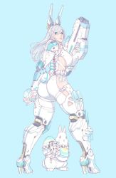 Rule 34 | 1girl, ass, blue background, blue eyes, bodysuit, breasts, clothing cutout, cyborg, easter egg, egg, food, full body, gloves, gun, hairband, highres, holding, holding egg, holding food, large breasts, looking at viewer, machine, mechanical legs, original, parted lips, rabbit, side cutout, silver hair, simple background, solo, weapon, wei (kaminari0411), white gloves