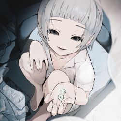 Rule 34 | 1girl, barefoot, blunt bangs, collarbone, curtains, daydremec, drugs, electric plug, grey eyes, grey hair, highres, holding, looking at viewer, original, parted lips, pillow, short hair, sitting, smile, solo, teeth, transparent, window