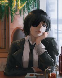 Rule 34 | 1girl, alcohol, black hair, black necktie, blue eyes, bottle, chainsaw man, cigarette, cigarette pack, collared shirt, eyepatch, formal, hand on own cheek, hand on own face, highres, himeno (chainsaw man), jacket, luxearte, necktie, shirt, short hair, sitting, sleeves rolled up, solo, suit, suit jacket, table, white shirt, window