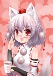 Rule 34 | 1girl, absurdres, animal ears, bare shoulders, bespectacled, blush, breasts, bridal gauntlets, coffee, cup, detached sleeves, female focus, glasses, hat, heart, heart background, highres, inubashiri momiji, mug, open mouth, pom pom (clothes), purple-framed eyewear, semi-rimless eyewear, short hair, silver hair, smile, solo, tail, tokin hat, touhou, upper body, wolf ears, wolf tail, wolflong